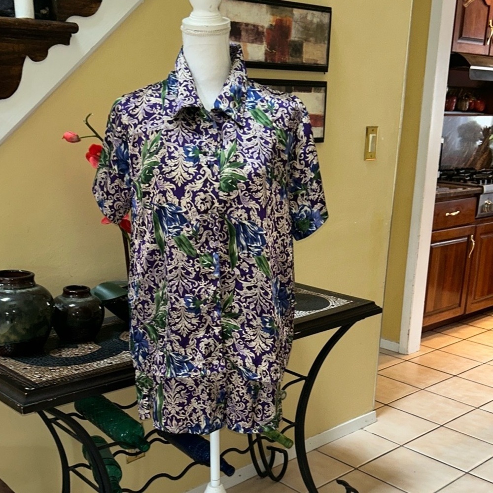 Morgan Taylor Womens Intimate Purple Green Floral Paisley Short Sleeve PJ Set Md